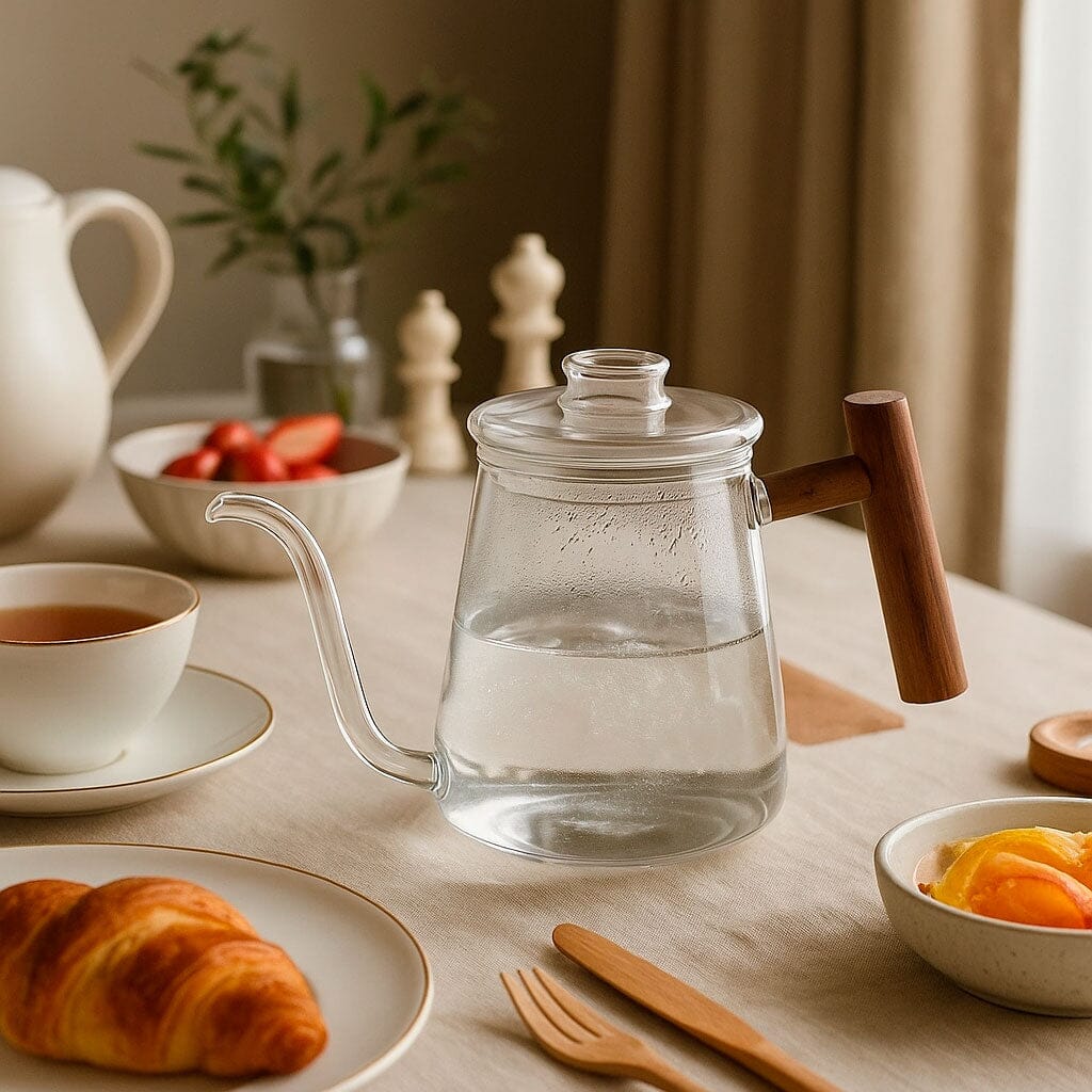 Chaleira de Vidro Borossilicato com Alça de Madeira para Café Chaleira de Vidro Borossilicato com Alça de Madeira para Café Doca