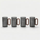 Conjunto de Copos de Vidro Fumê com Alça de Madeira 4 Peças 360ml Conjunto de Copos de Vidro Fumê com Alça de Madeira 4 Peças 360ml Doca