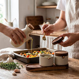 Kit para Temperos em Cerâmica com Tampa de Madeira e Garrafa 3 Peças Kit para Temperos em Cerâmica com Tampa de Madeira e Garrafa 3 Peças Doca