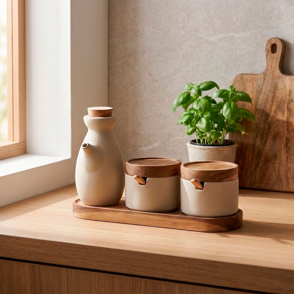 Kit para Temperos em Cerâmica com Tampa de Madeira e Garrafa 3 Peças Kit para Temperos em Cerâmica com Tampa de Madeira e Garrafa 3 Peças Doca