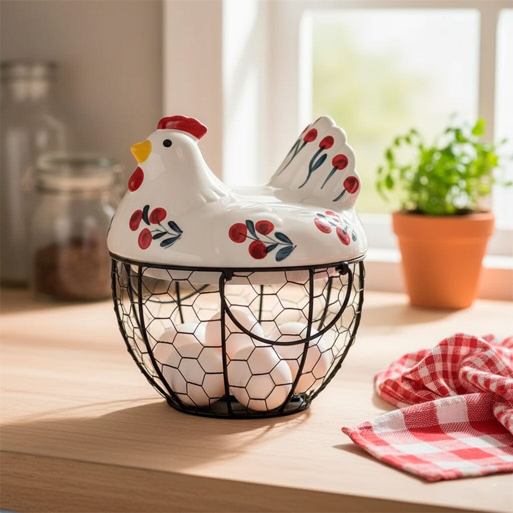 Porta Ovos de Cerâmica e Metal Formato Galinha Porta Ovos de Cerâmica e Metal Formato Galinha Doca