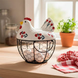 Porta Ovos de Cerâmica e Metal Formato Galinha Porta Ovos de Cerâmica e Metal Formato Galinha Doca