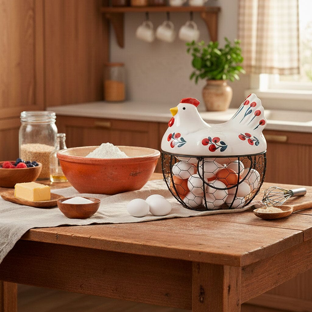 Porta Ovos de Cerâmica e Metal Formato Galinha Porta Ovos de Cerâmica e Metal Formato Galinha Doca