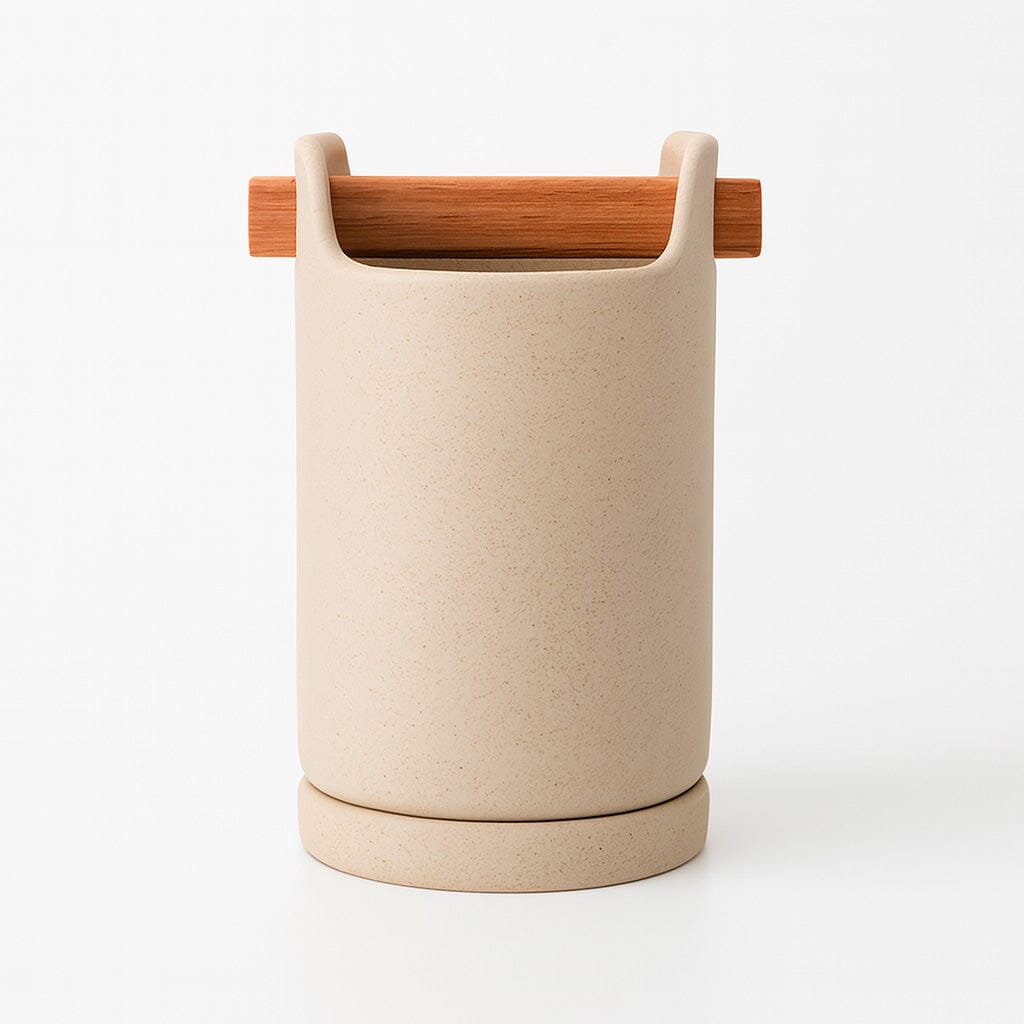 Porta Talheres de Cerâmica com Alça de Madeira Porta Talheres de Cerâmica com Alça de Madeira Doca Com Dreno