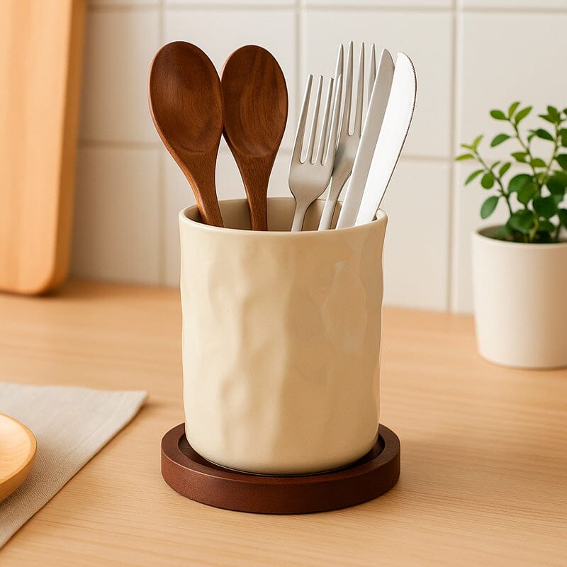 Porta Talheres de Cerâmica com Base de Madeira e Dreno Porta Talheres de Cerâmica com Base de Madeira e Dreno Doca