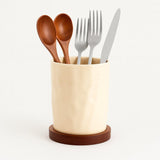 Porta Talheres de Cerâmica com Base de Madeira e Dreno Porta Talheres de Cerâmica com Base de Madeira e Dreno Doca Bege