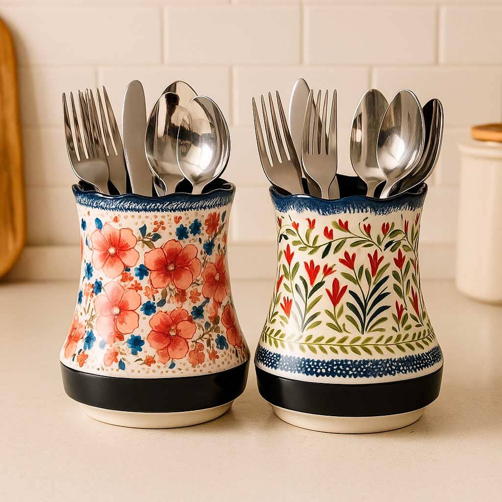 Porta Talheres de Cerâmica com Base Dreno e Design Floral Porta Talheres de Cerâmica com Base Dreno e Design Floral Doca