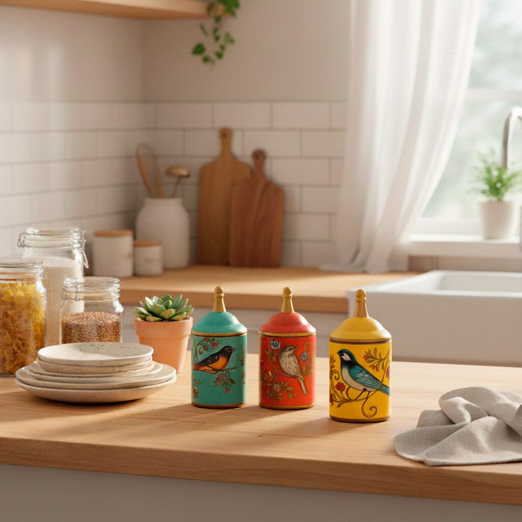 Pote de Cerâmica Decorativo com Tampa e Estampa de Pássaros Pote de Cerâmica Decorativo com Tampa e Estampa de Pássaros Doca