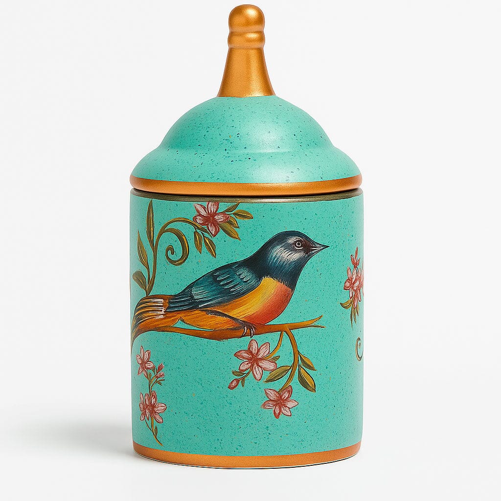 Pote de Cerâmica Decorativo com Tampa e Estampa de Pássaros Pote de Cerâmica Decorativo com Tampa e Estampa de Pássaros Doca Verde