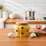 Pote de Cerâmica para Alho com Tampa de Bambu Pote de Cerâmica para Alho com Tampa de Bambu Doca