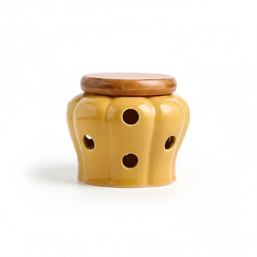 Pote de Cerâmica para Alho com Tampa de Bambu Pote de Cerâmica para Alho com Tampa de Bambu Doca Amarelo