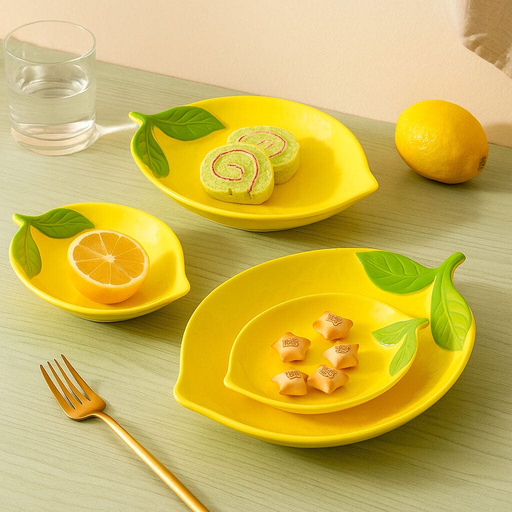 Travessa de Cerâmica em Formato de Limão com Folhas Decorativas Travessa de Cerâmica em Formato de Limão com Folhas Decorativas Doca