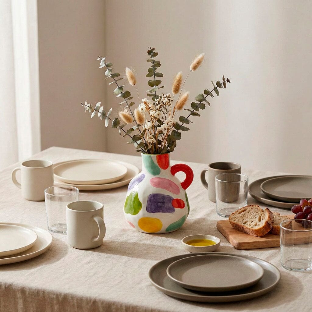 Vaso de Cerâmica Pintado à Mão com Alças Coloridas Vaso de Cerâmica Pintado à Mão com Alças Coloridas Doca