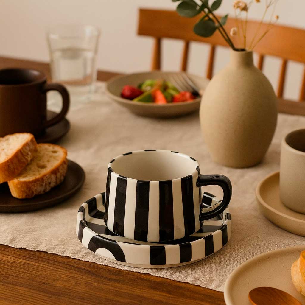 Xícara de Cerâmica Listrada com Pires 260ml Xícara de Cerâmica Listrada com Pires 260ml Doca