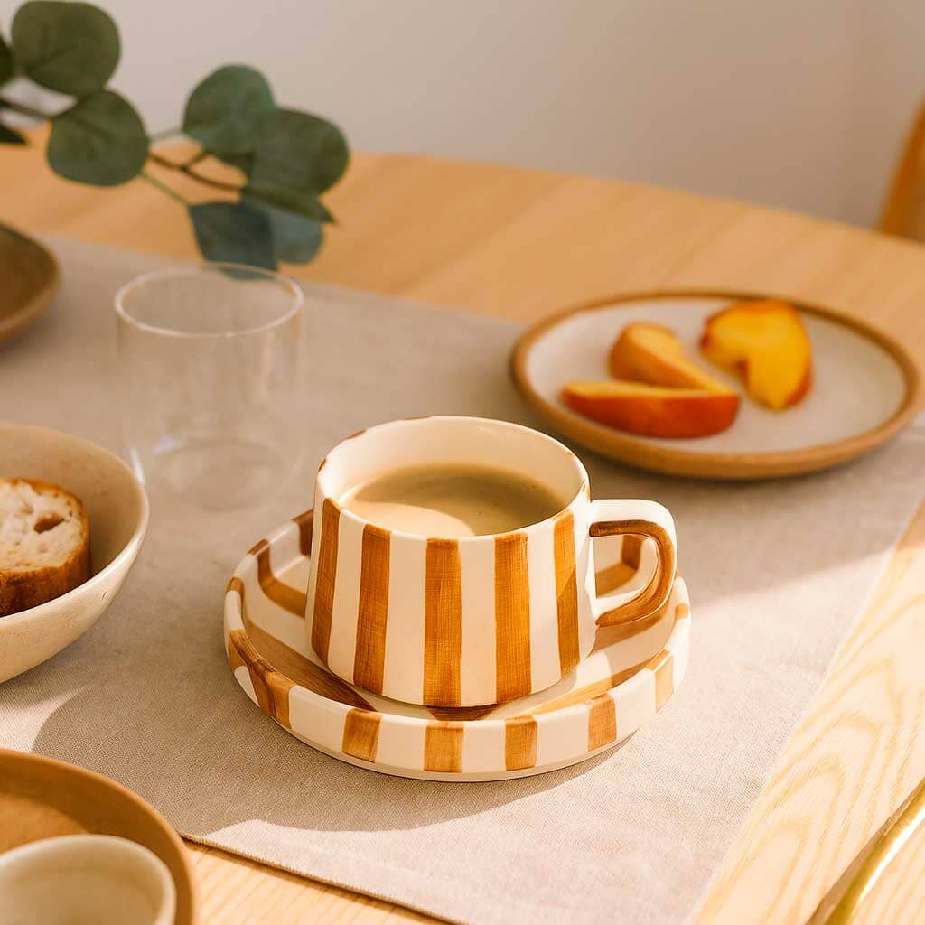 Xícara de Cerâmica Listrada com Pires 260ml Xícara de Cerâmica Listrada com Pires 260ml Doca