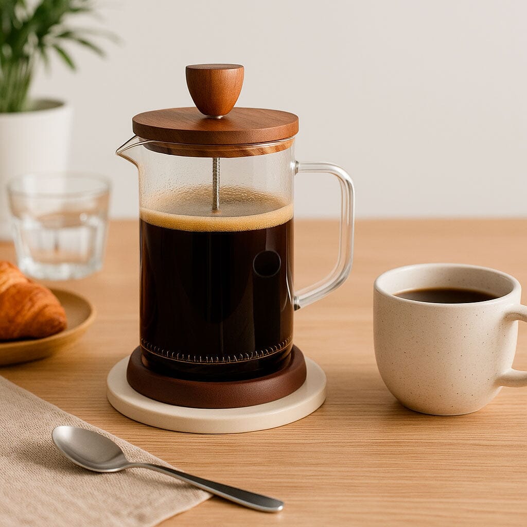 Cafeteira Prensa Francesa de Vidro Borossilicato com Tampa de Madeira Nogueira Cafeteira Prensa Francesa de Vidro Borossilicato com Tampa de Madeira Nogueira Doca 