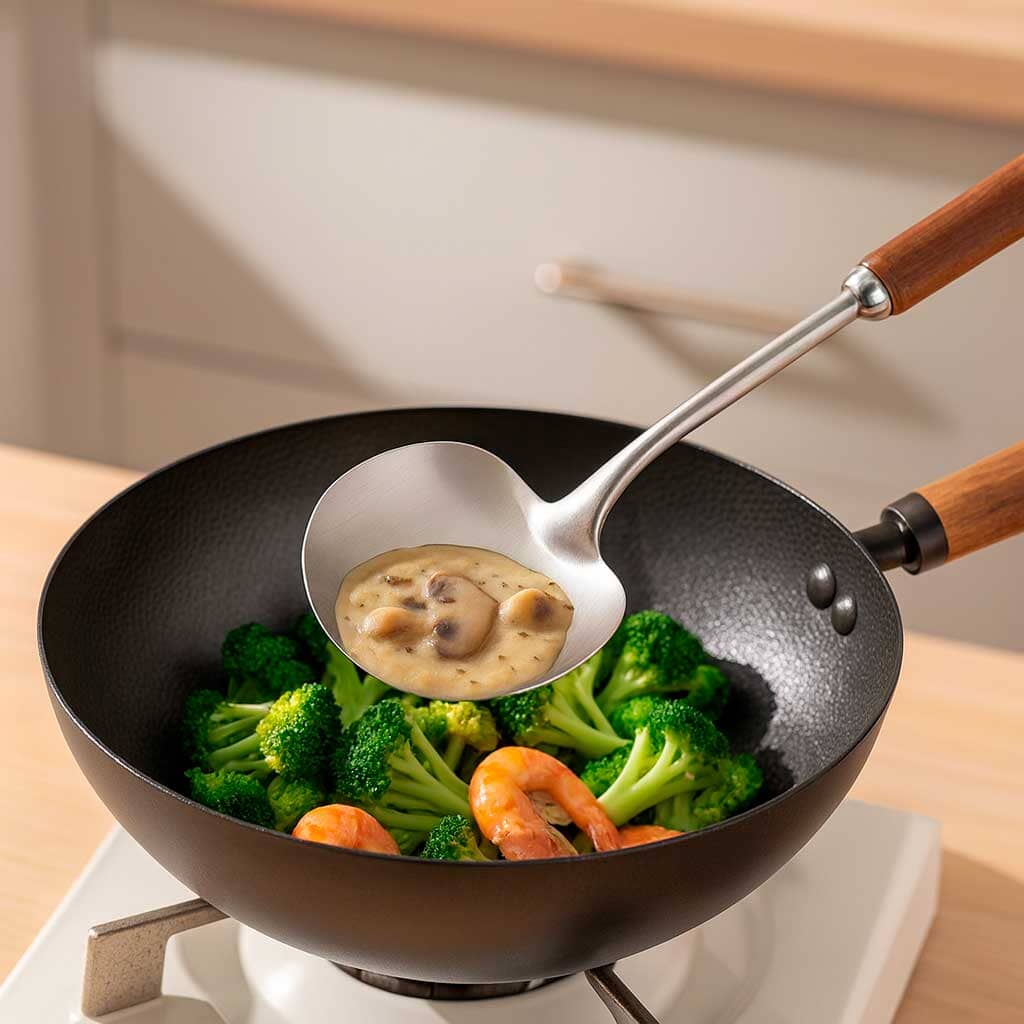 Colher Wok em Aço Inoxidável com Cabo de Madeira Colher Wok em Aço Inoxidável com Cabo de Madeira Doca 