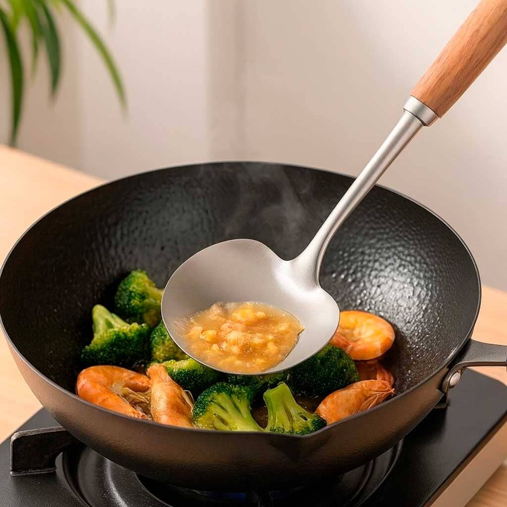 Colher Wok em Aço Inoxidável com Cabo de Madeira Colher Wok em Aço Inoxidável com Cabo de Madeira Doca 