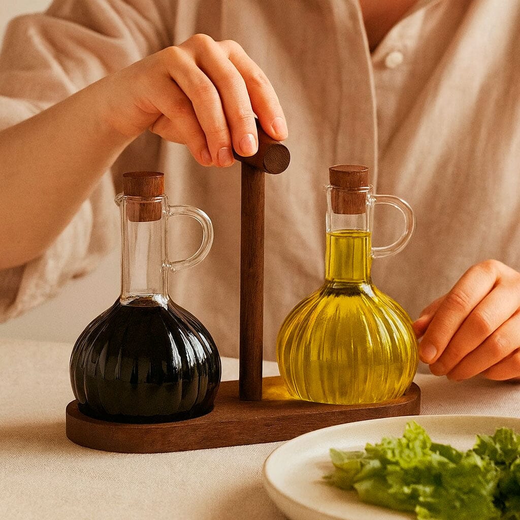 Conjunto de Garrafas de Vidro para Azeite e Vinagre com Suporte em Madeira Conjunto de Garrafas de Vidro para Azeite e Vinagre com Suporte em Madeira Doca 