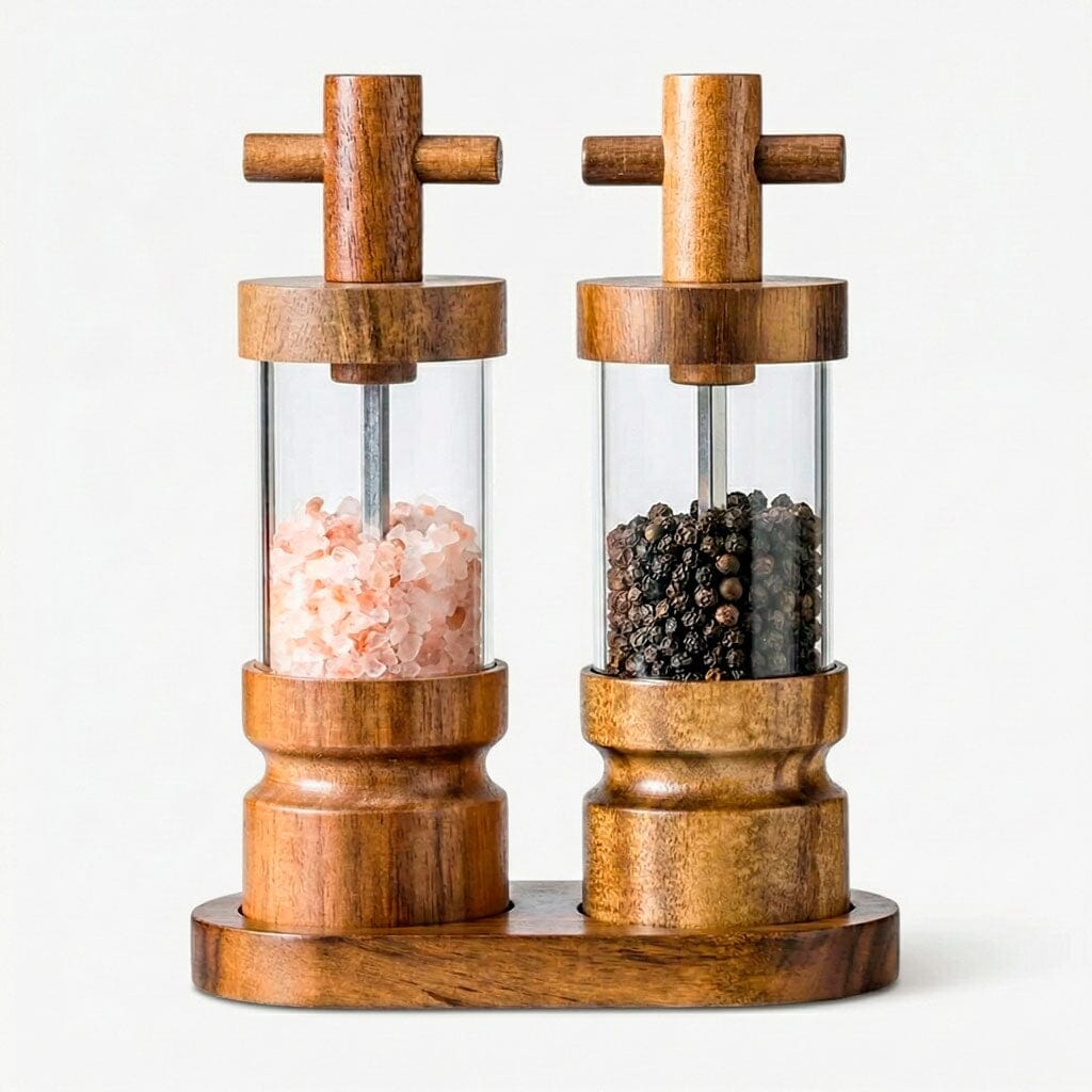 Conjunto de Moedores de Sal e Pimenta em Madeira com Base Conjunto de Moedores de Sal e Pimenta em Madeira com Base Doca 2 peças e base 