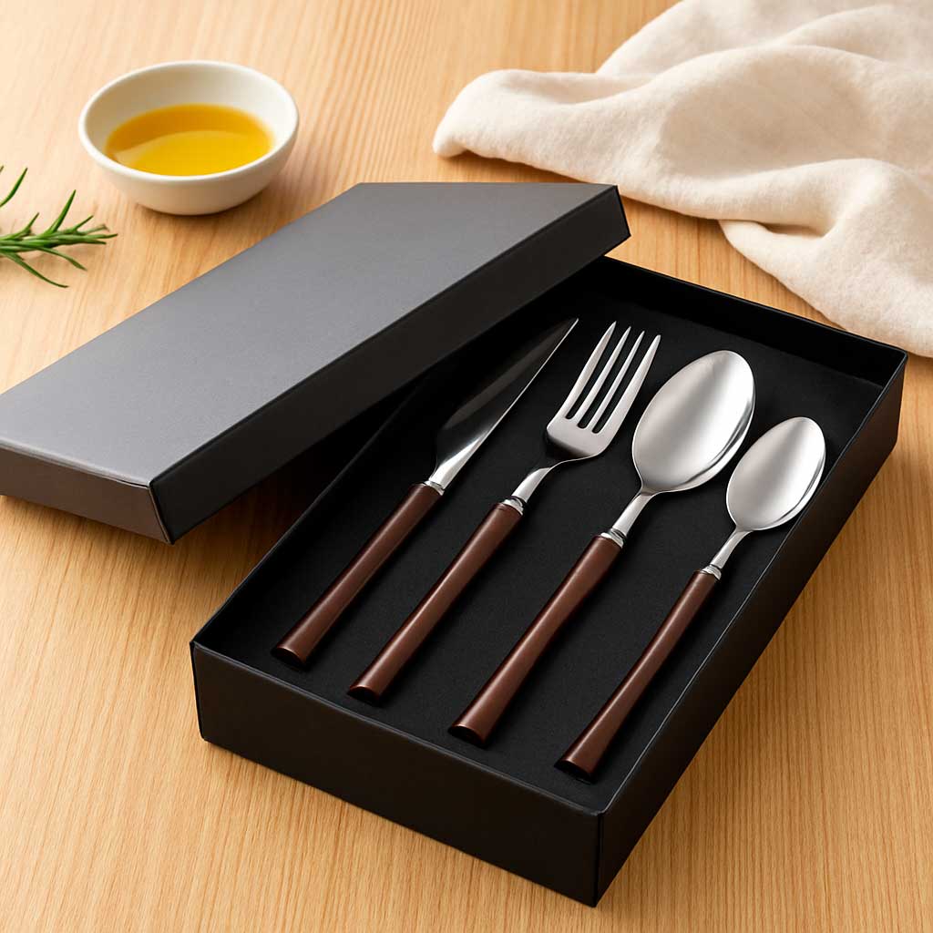 Conjunto de Talheres em Inox com Cabo de Madeira 4 Peças Conjunto de Talheres em Inox com Cabo de Madeira 4 Peças Doca 