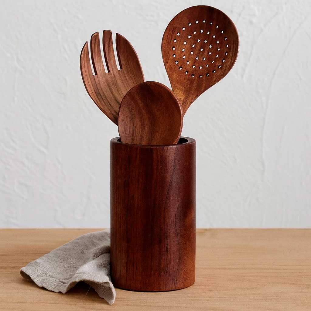 Conjunto de Utensílios de Cozinha em Madeira com Suporte Conjunto de Utensílios de Cozinha em Madeira com Suporte Doca 