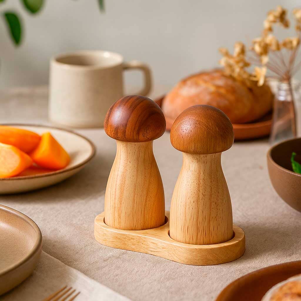 Conjunto Moedor de Sal e Pimenta em Madeira Formato Cogumelo com Base Conjunto Moedor de Sal e Pimenta em Madeira Formato Cogumelo com Base Doca 