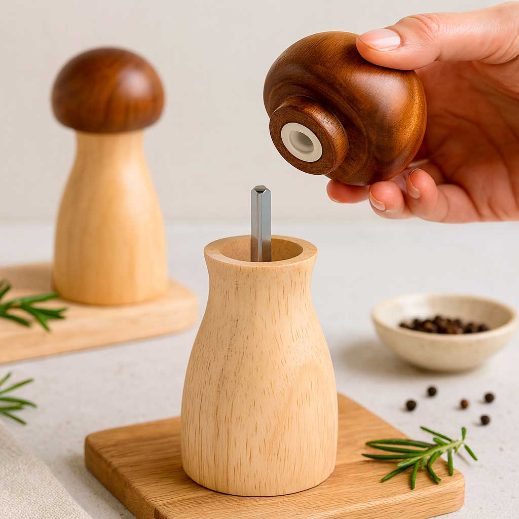 Conjunto Moedor de Sal e Pimenta em Madeira Formato Cogumelo com Base Conjunto Moedor de Sal e Pimenta em Madeira Formato Cogumelo com Base Doca 