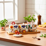 Conjunto Porta Temperos de Cerâmica Estampada com Base de Madeira Conjunto Porta Temperos de Cerâmica Estampada com Base de Madeira Doca 