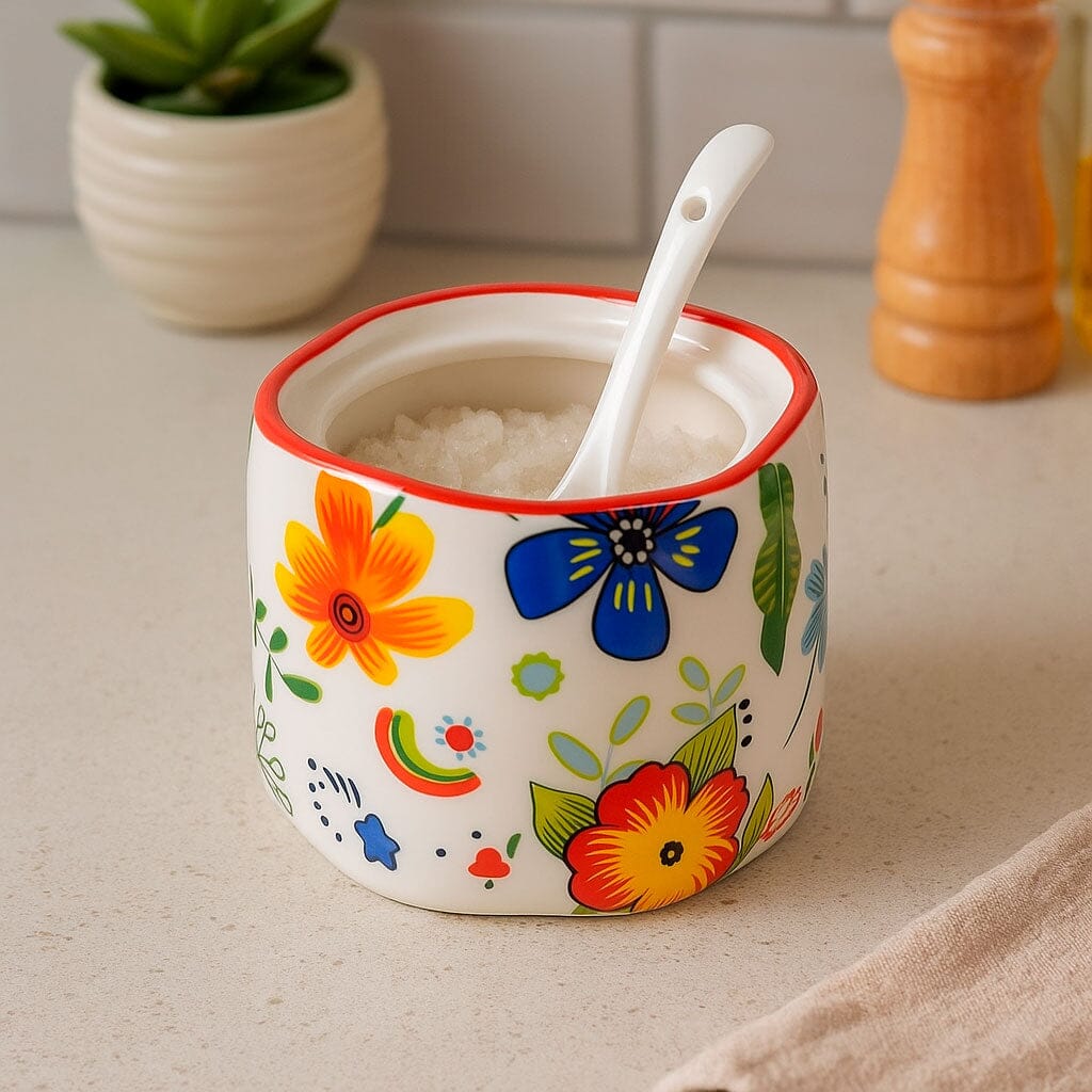 Conjunto Porta Temperos de Cerâmica Estampada com Base de Madeira Conjunto Porta Temperos de Cerâmica Estampada com Base de Madeira Doca 