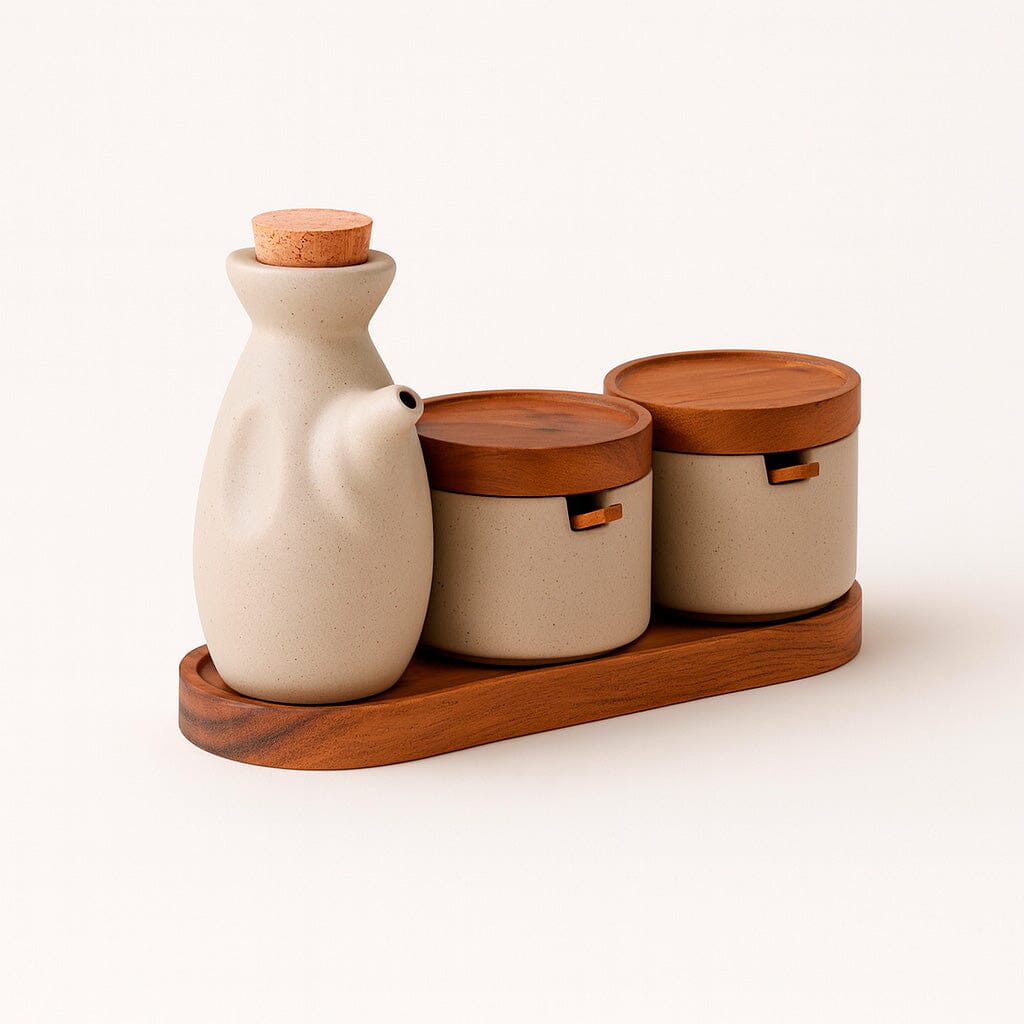 Kit para Temperos em Cerâmica com Tampa de Madeira e Garrafa 3 Peças Kit para Temperos em Cerâmica com Tampa de Madeira e Garrafa 3 Peças Doca 