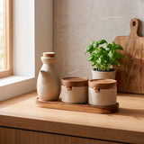 Kit para Temperos em Cerâmica com Tampa de Madeira e Garrafa 3 Peças Kit para Temperos em Cerâmica com Tampa de Madeira e Garrafa 3 Peças Doca 