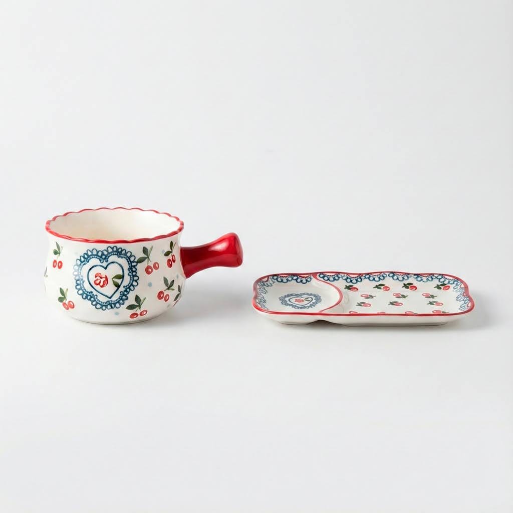 Kit Tigela com Bandeja de Cerâmica Pintada à Mão Kit Tigela com Bandeja de Cerâmica Pintada à Mão Doca Kit Cereja 