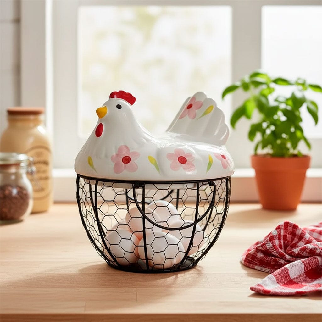 Porta Ovos de Cerâmica e Metal Formato Galinha Porta Ovos de Cerâmica e Metal Formato Galinha Doca 