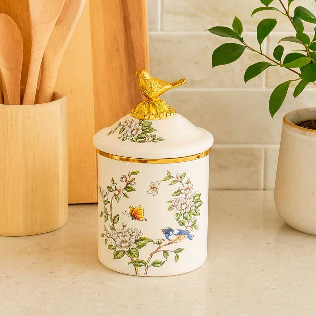 Pote de Cerâmica Decorado com Tampa e Detalhe Dourado Pote de Cerâmica Decorado com Tampa e Detalhe Dourado Doca 