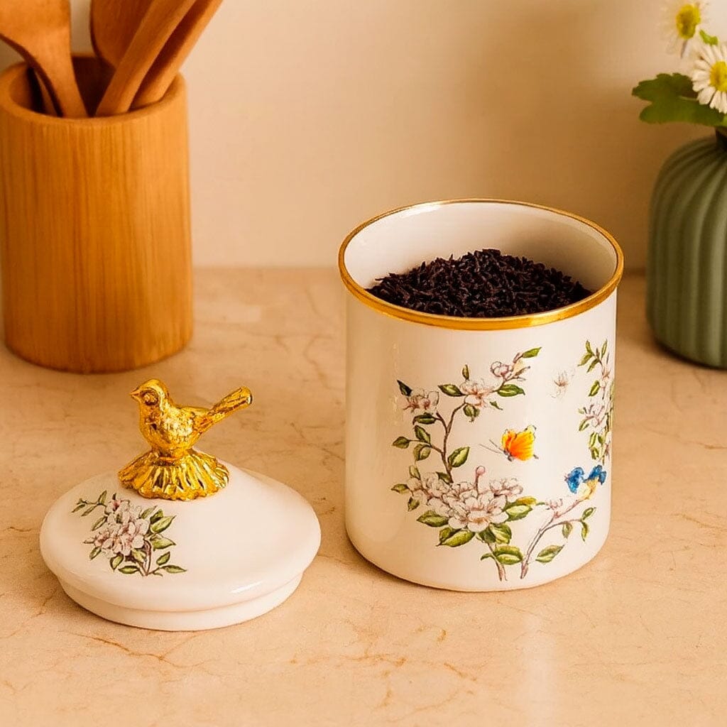 Pote de Cerâmica Decorado com Tampa e Detalhe Dourado Pote de Cerâmica Decorado com Tampa e Detalhe Dourado Doca 