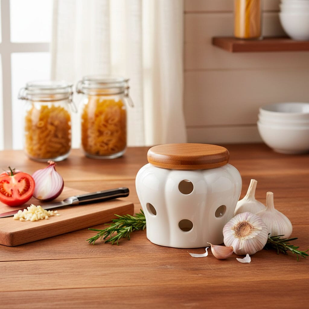 Pote de Cerâmica para Alho com Tampa de Bambu Pote de Cerâmica para Alho com Tampa de Bambu Doca 