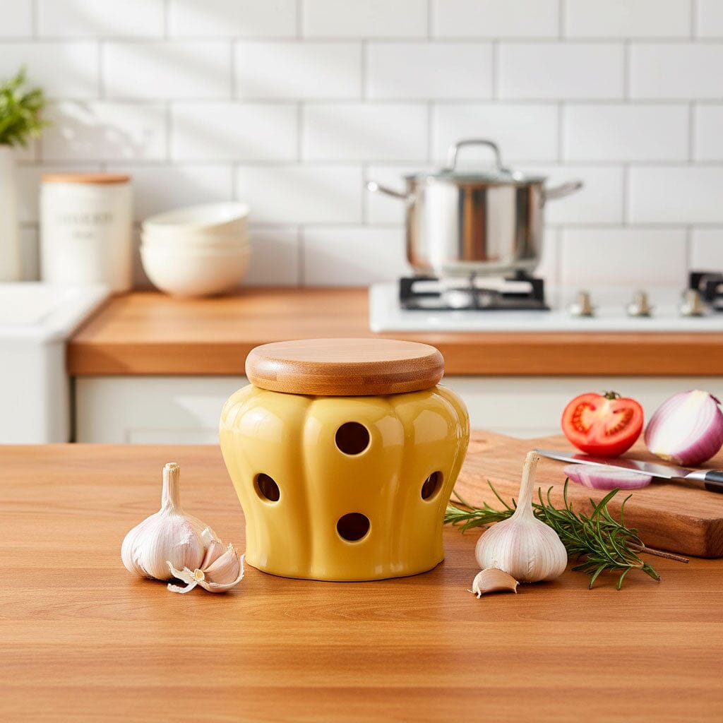 Pote de Cerâmica para Alho com Tampa de Bambu Pote de Cerâmica para Alho com Tampa de Bambu Doca 