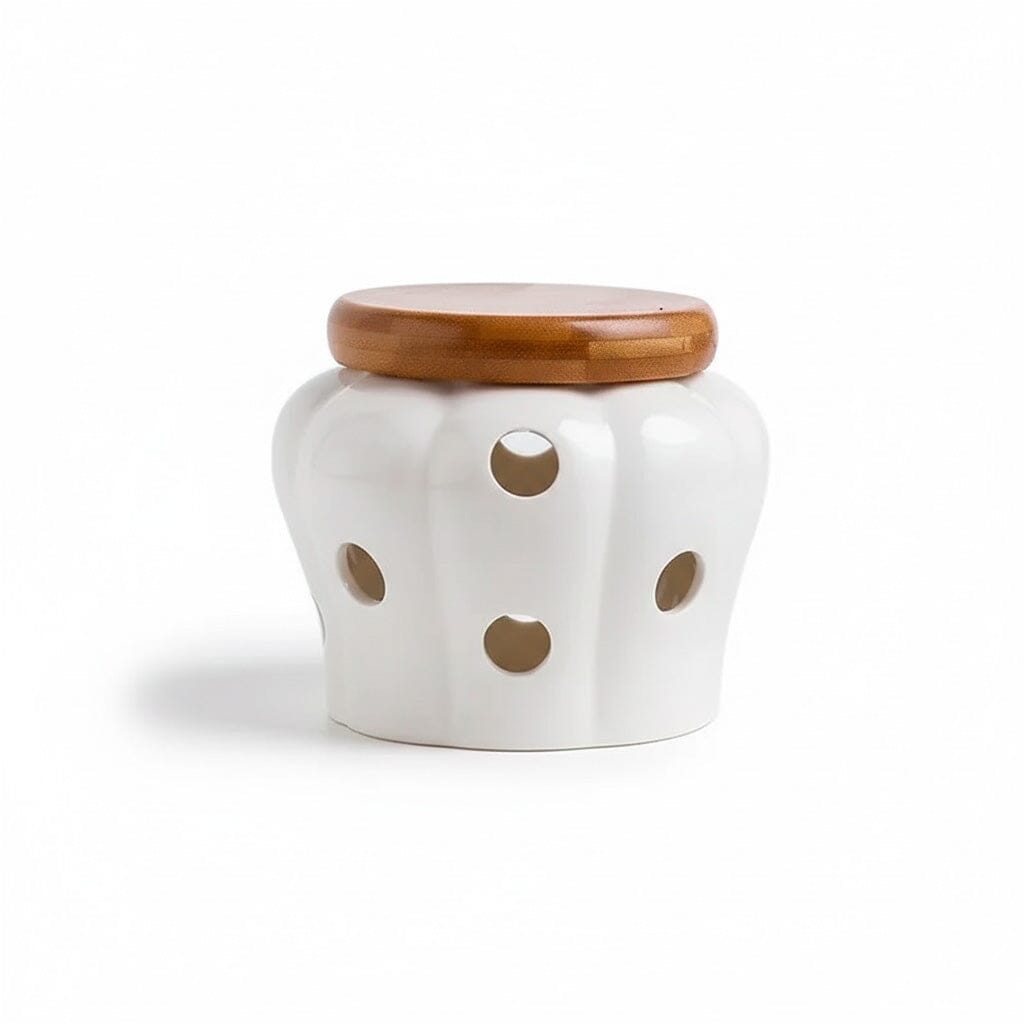 Pote de Cerâmica para Alho com Tampa de Bambu Pote de Cerâmica para Alho com Tampa de Bambu Doca Branco 