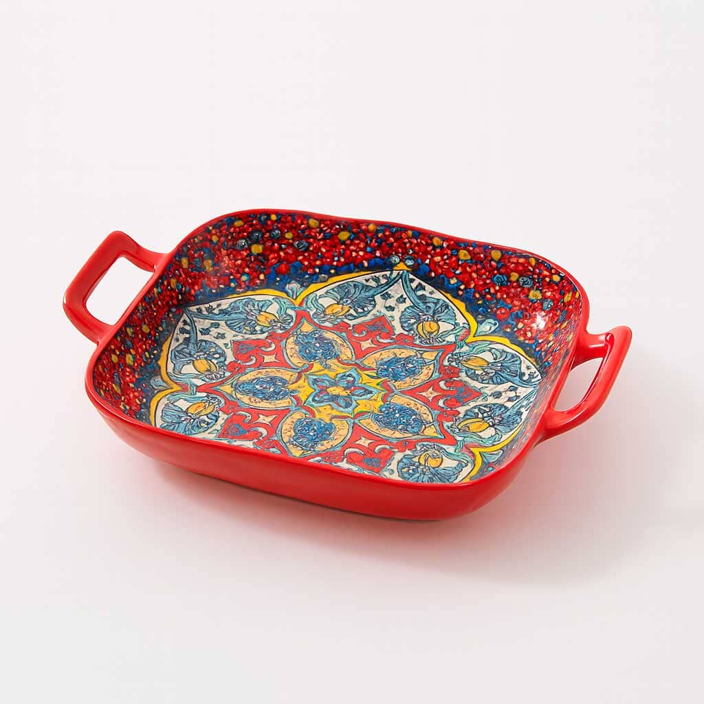 Travessa de Cerâmica Decorada com Alças Travessa de Cerâmica Decorada com Alças Doca Vermelho 23cm x 18cm 